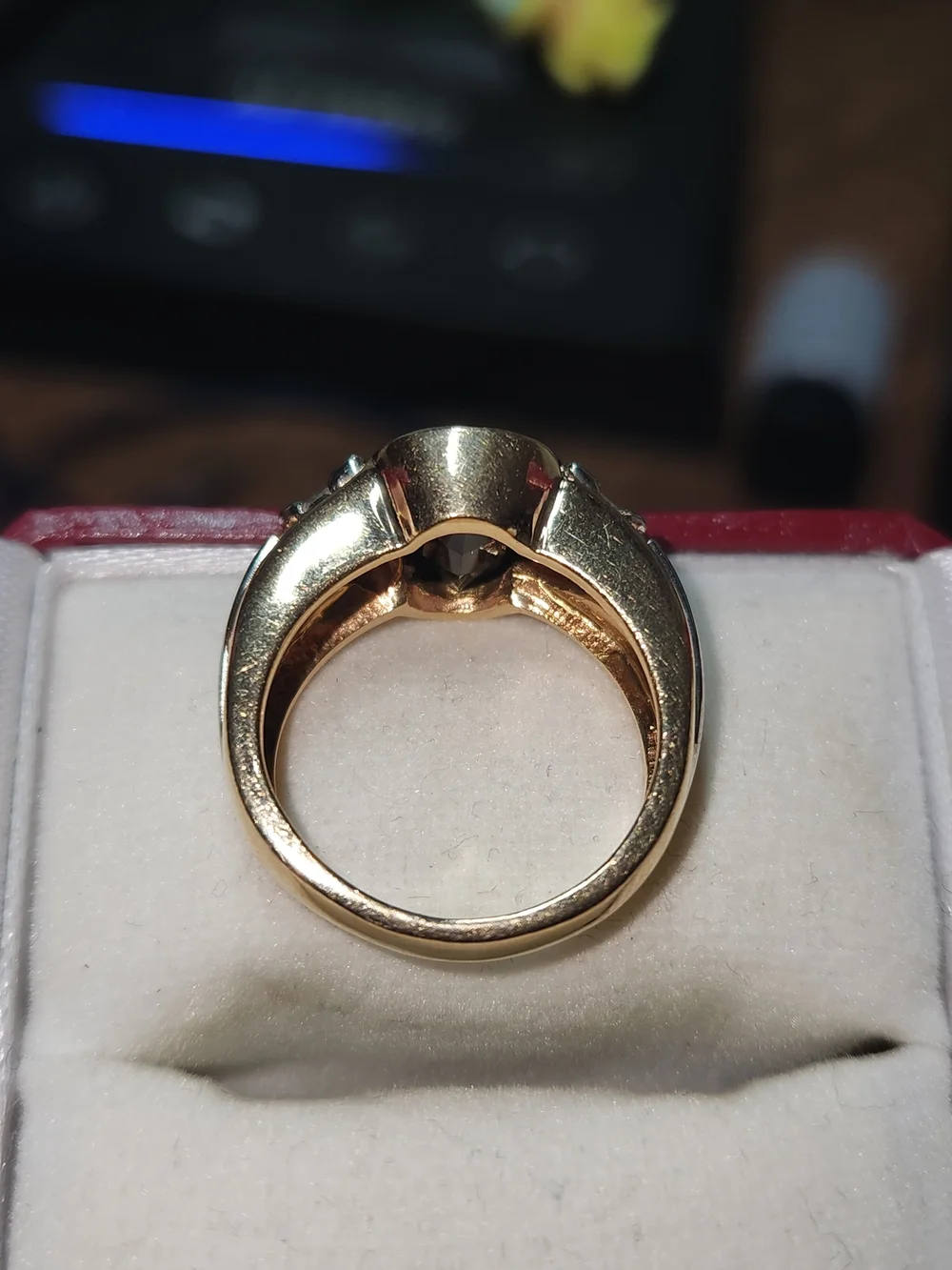 Gold Ring with Deep Green Tourmaline Stone and Trillion Diamond Accents